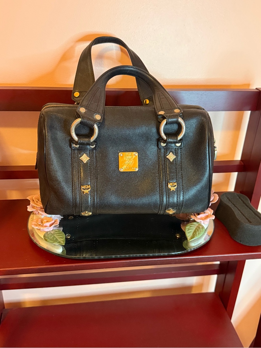 MCM Black Leather Dome Satchel with Gold Plate